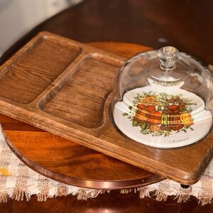 Rustic Brown Wooden Tray with Glass Dome